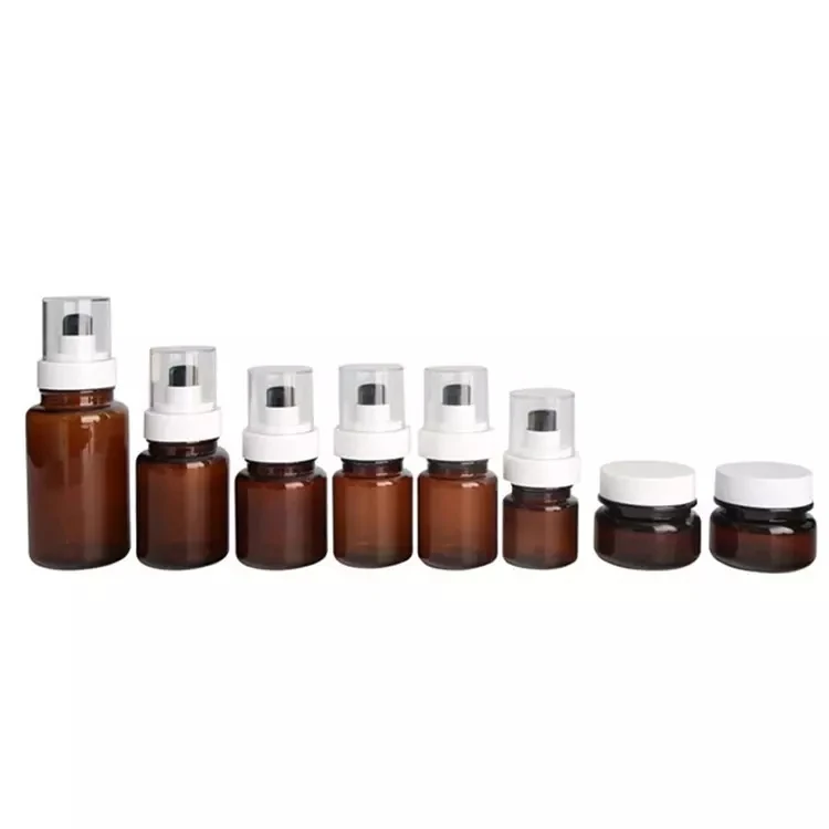 Fuyun Amber Plastic Cosmetic Spray Pump Bottle Round Amber Plastic Cream Jar Empty Brown Serum Lotion Bottle with Pump