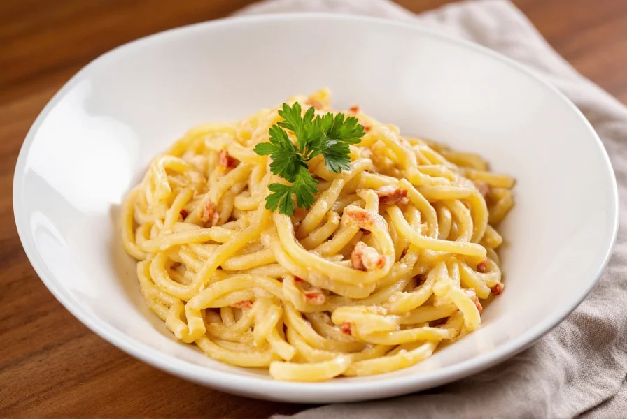 Chili crisp fettuccine alfredo served in white bowl with visible chili crisp bits and parsley garnish