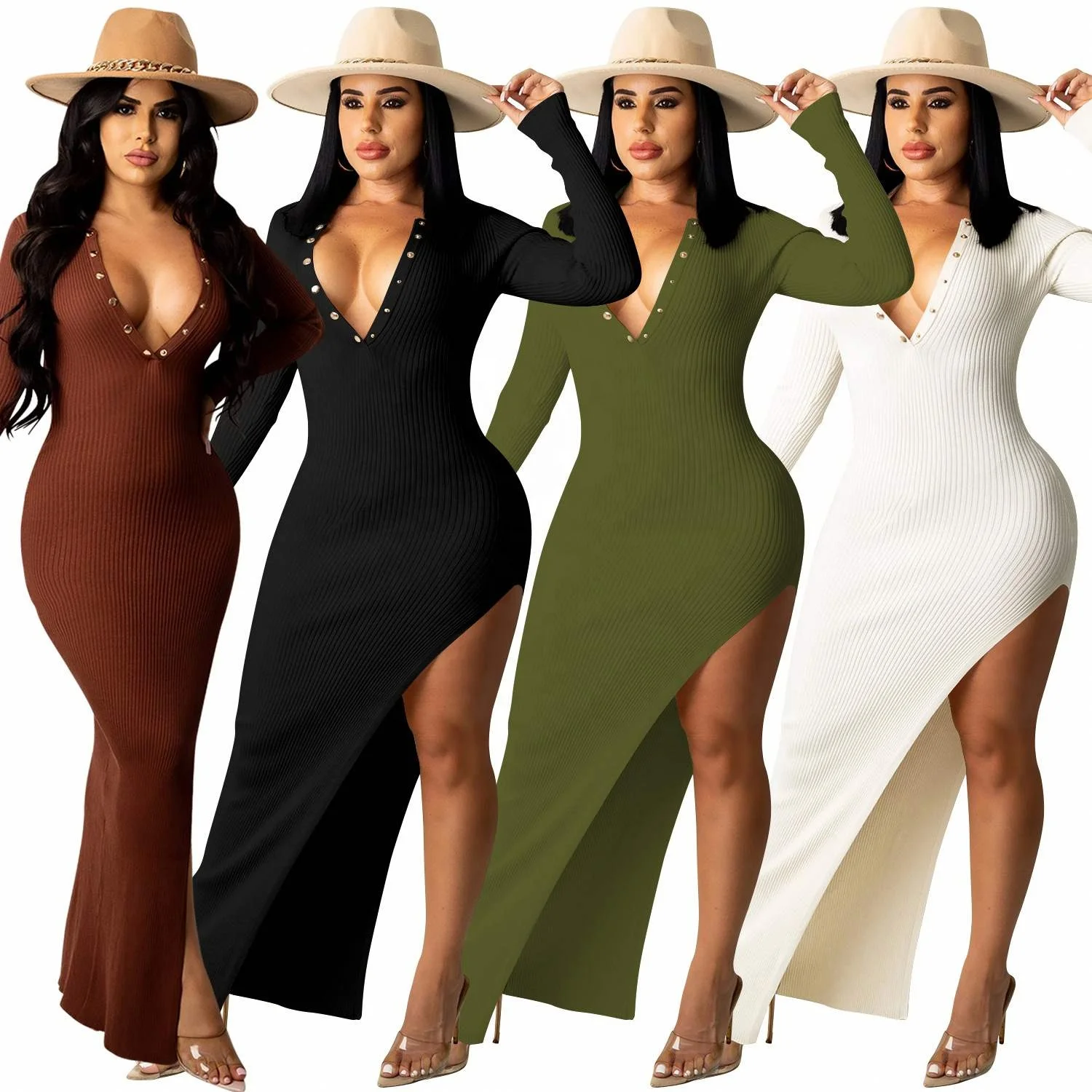 

Hot Selling Solid color sexy long dress autumn long sleeve V-neck Backless Side Slit rib knit dresses women lady elegant, As picture or customized make