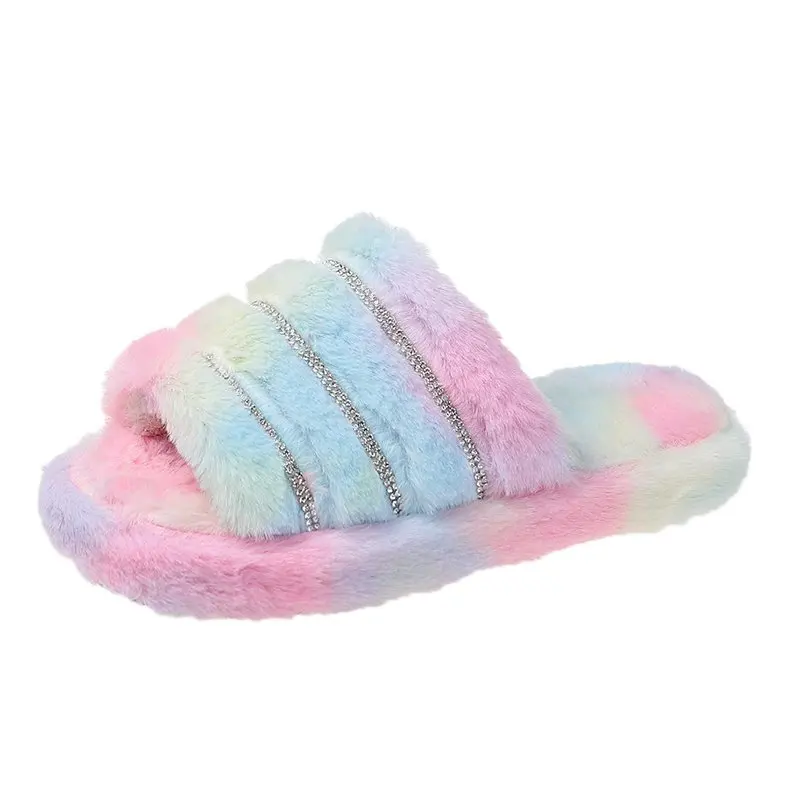 

PDEP China factory supply custom rain bow tie dye woman house bedroom plush faux fur slide sandal girl slide slipper for women, Black,white,pink,color,green