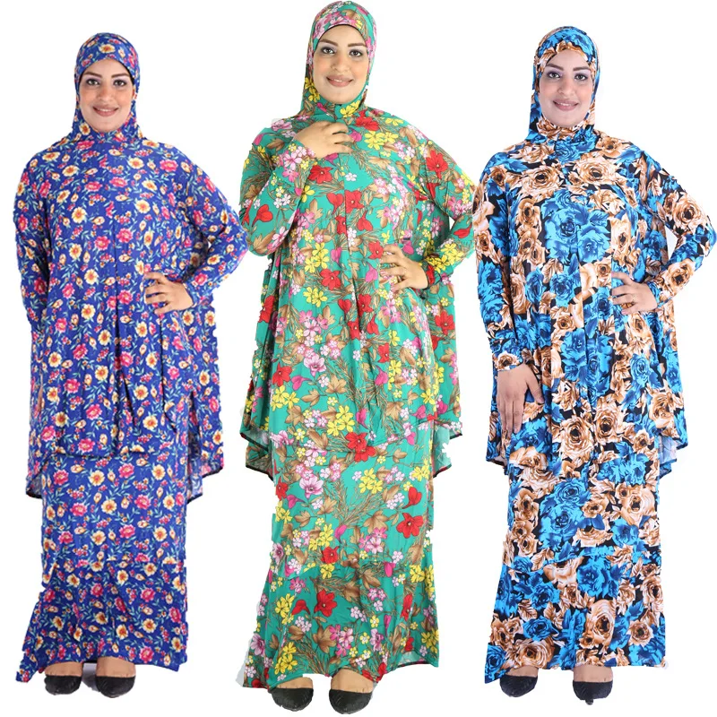 

New Two-Piece Multicolor Flower Robe Islam Muslim Long Casual Women's Clothing Women Long Sleeve Loose Plain Maxi Dresses