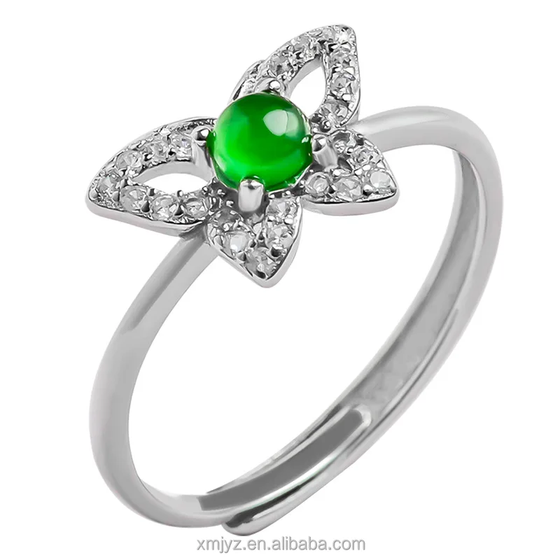 

Certified Grade A S925 Silver Inlaid Natural Jade Butterfly Yang Green Ice Jade Stone Ring Fashion Ring Women's Adjustable