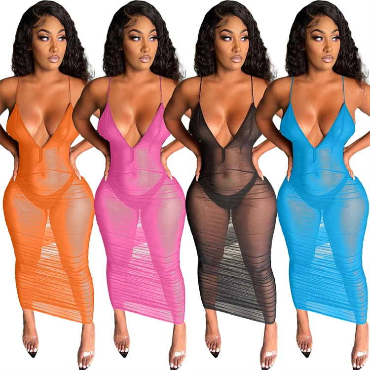 

DUODUOCOLOR Solid color deep v neck wrinkle see through gauze suspenders long skirt summer stylish women sexy club dress D10251
