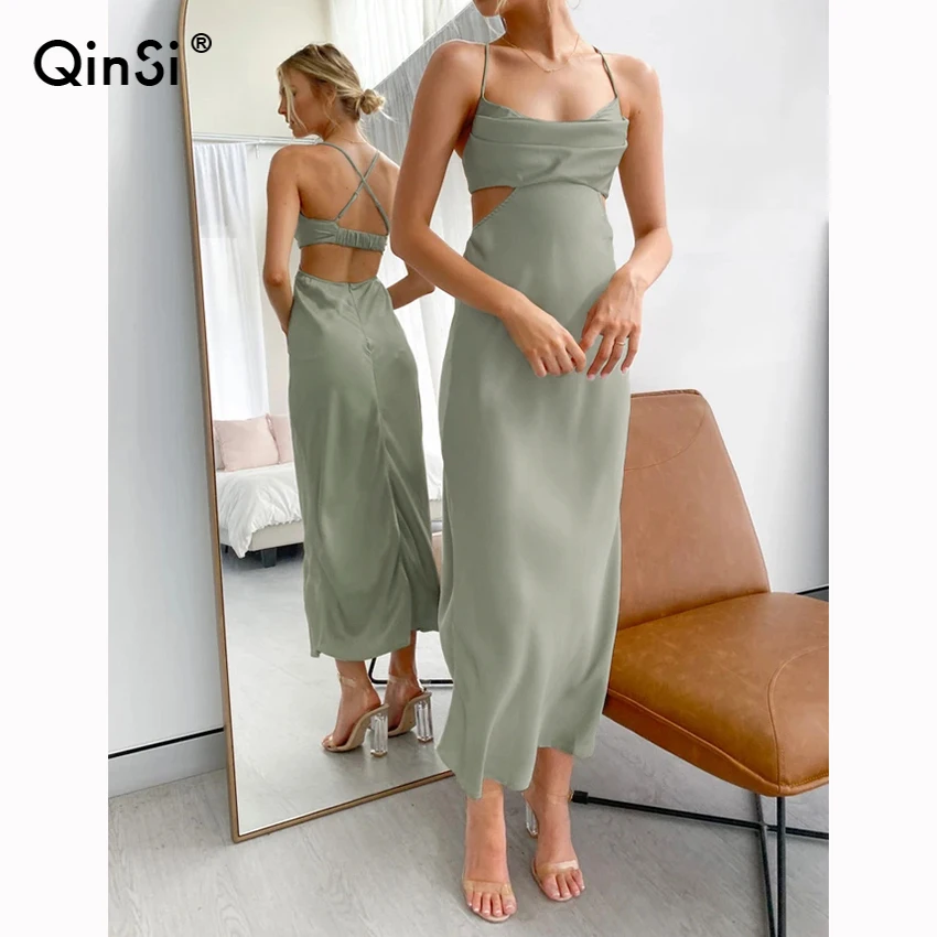 

QINSI Nieuwe 2021 Vrouwen Lente Zomer Zonnejurk Band Strand Vakantie Halter Backless Sexy Satijn Effen Vintage Jurk