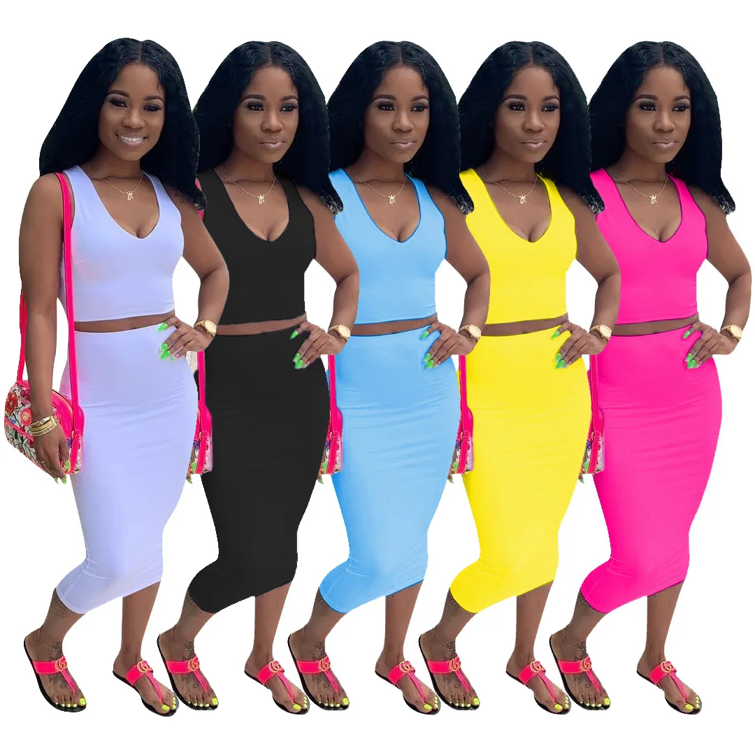 

2021summer new women solid color v neck sleeveless midi dress bodycon tank top casual wear two piece suit, Picture shown