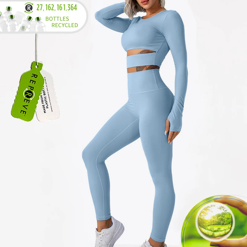 

TZ5858 Women Recycled Eco-friendly Yoga Sports Bra Long Sleeve Cropped Top High Waist Shorts Leggings Fitness Set