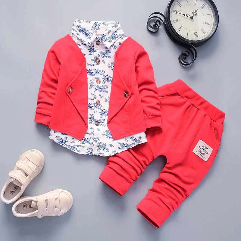 

2pcs/set New Children's Baby Boy Clothes Set Fashion Print Stand-up Collar Button Shirt Top Pants Infant Boy Red Clothing Suit, As the pictures shown