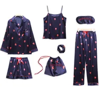 

7pcs Pajama Set Women Casual Faux Silk Satin Pyjamas Lingerie Sleepwear Nightwear Set Homewear Suits