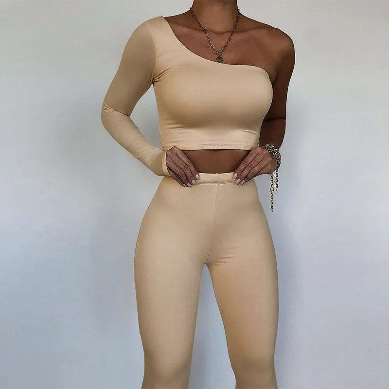 

Fashion One Shoulder Asymmetrical Solid Two Piece Sets Women 2021 Crop Tops+Elastic Pants Sporty Matching Suits Casual, Color as picture