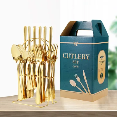 

Gift Boxes Hanging Stainless Steel Cutlery Spoon Fork Knife Flatware Set 24pcs With Metal Rack Stand