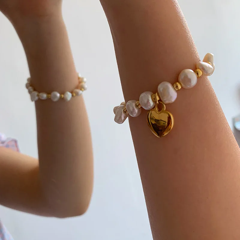 

Women Natural Baroque Pearl Beaded Bracelet Bangle with Stainless Steel Beads and Heart Charms