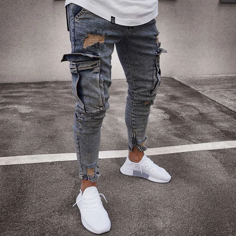 

Custom Logo men's jeans side pocket Slim Jeans Fashion Hiphop Jeans, Black bule