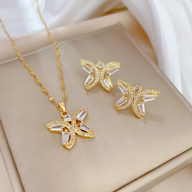 

High Quality Butterfly Pendant 18K Gold Stainless Steel Necklace Jewelry Diamond Zircon Butterfly Earring Necklace Set For Women