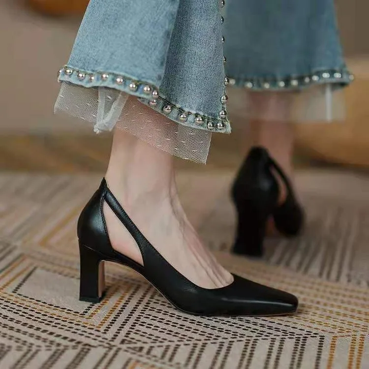 

High heels 2021 summer new women's square toe high heels fashion outerwear pumps, Black, nude