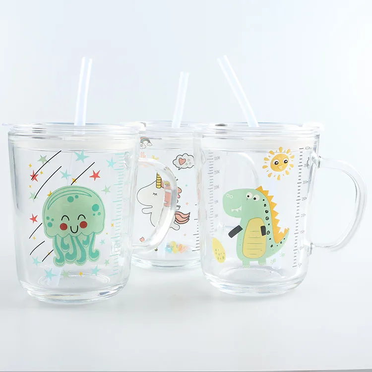 

400ml 14oz Large Capacity Heat Resistant Cute Cartoon Juice Milk Water Bottle Glass Straw Type Drinkware Glass Cups, Customized