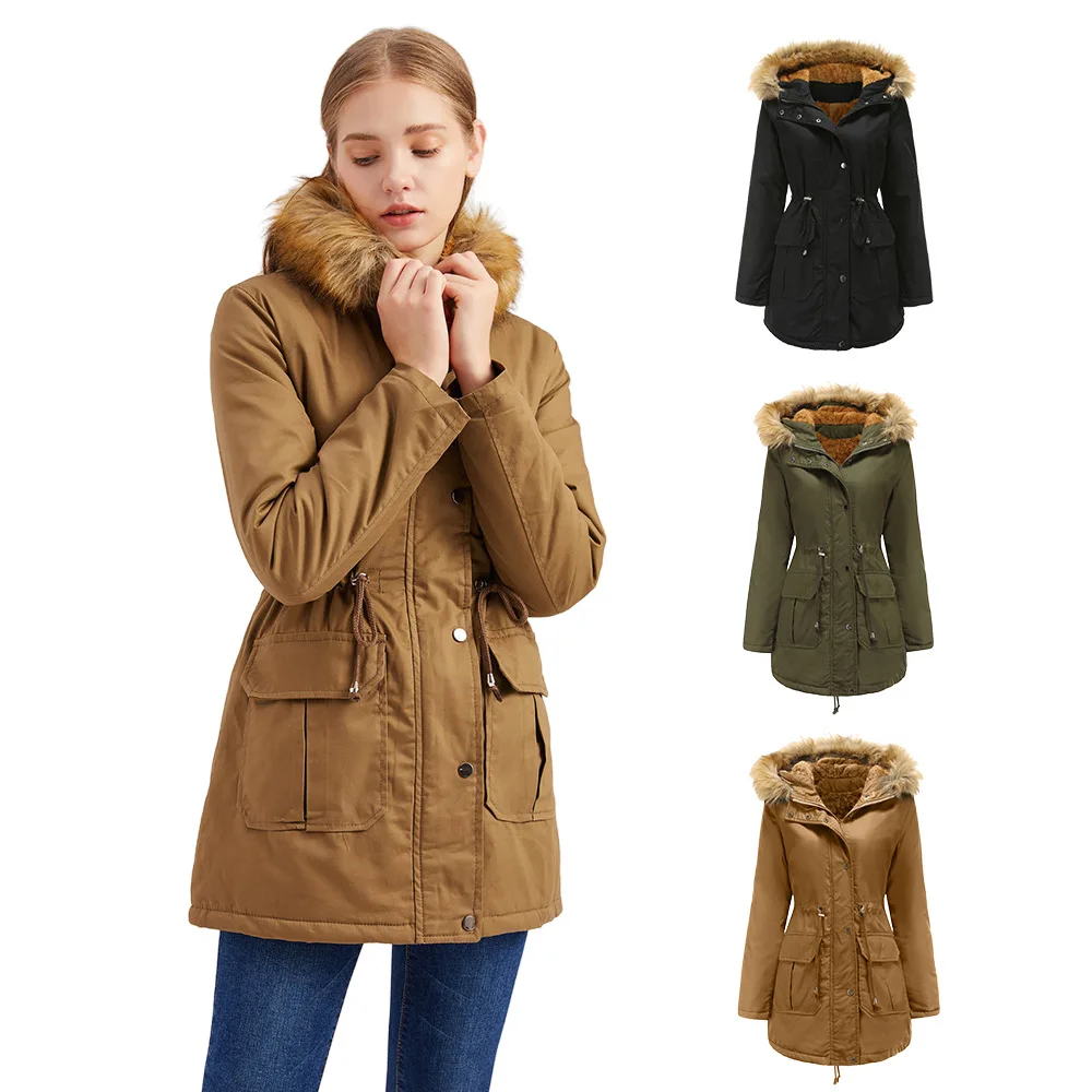 

New European size plus velvet cotton-padded coat hooded fur collar winter warm coat large size women's cotton-padded jacket