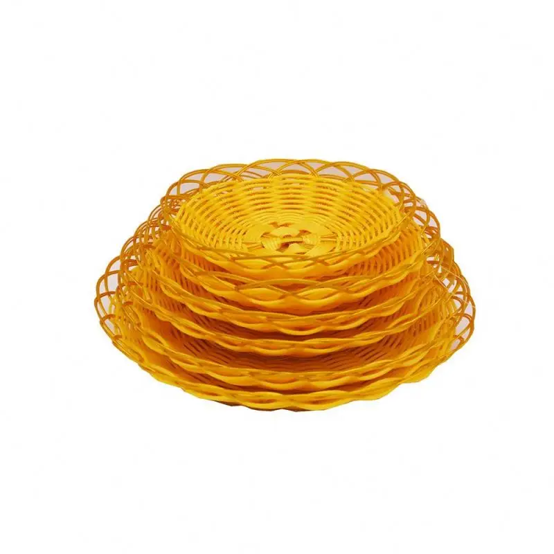 

hot sale high quality washable dubai fruit food container hollow pp rattan baskets dish tray rattan fruit bowl for catering, Golden