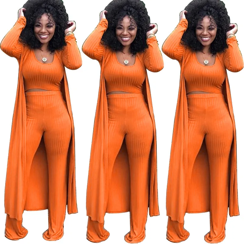 

YD-K9294 Hot selling 3 pieces ribbed pants set solid color long coat stretch fabric fall clothing fashion 3 piece set women