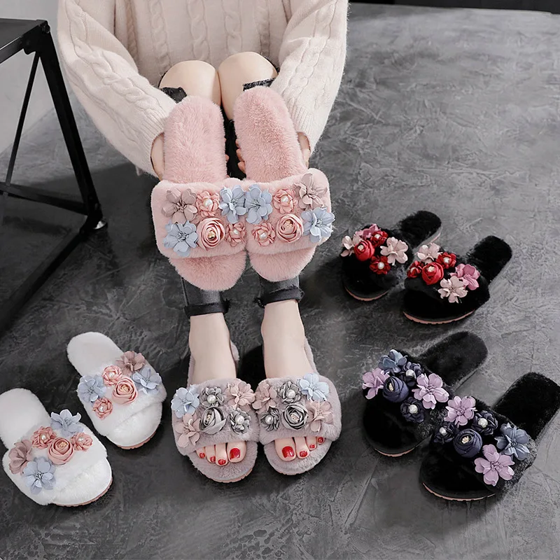 

Women Cute flower Flat Flip Flops Ladies Soft Slides faux rabbit fur Shoes Female Print Floral Bling home Casual Sandals, As pictures or customized
