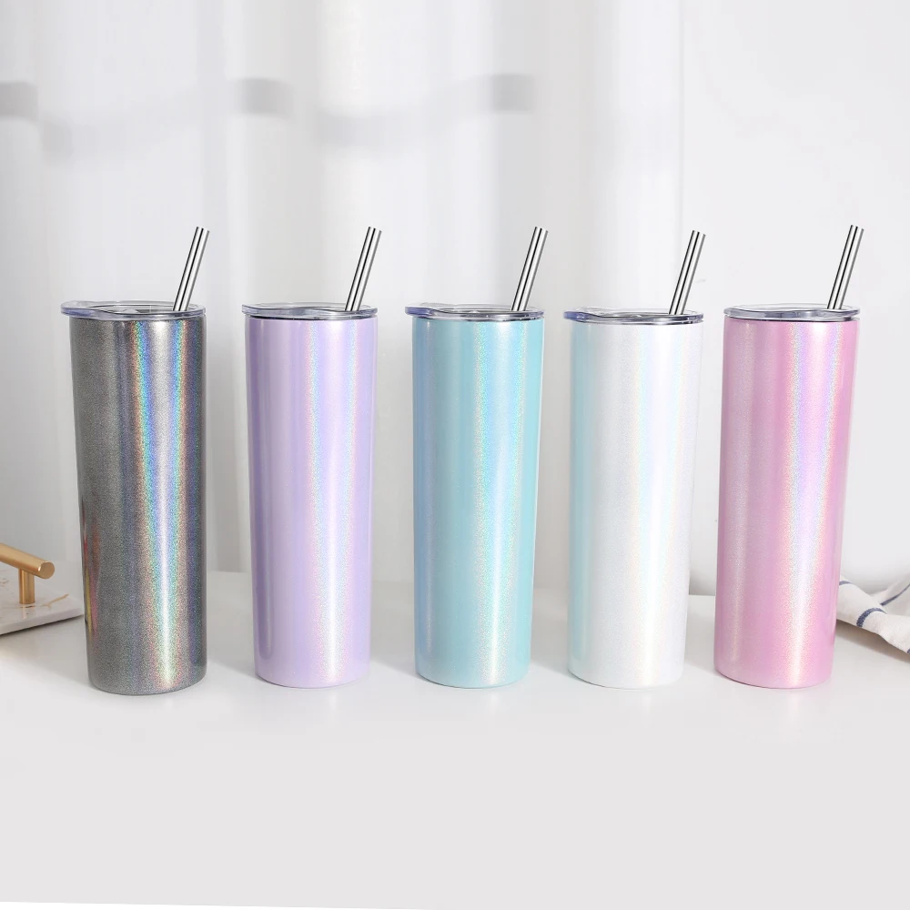 Wholesale Custom Logo Stainless Steel Insulated glitter 20 oz Skinny Tumblers with Straw and Lid 20oz Glitter Tumbler