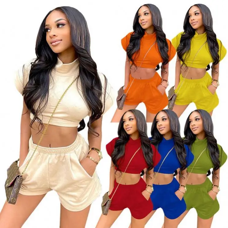 

MISS New Arrival 2021 Summer Solid Color Crop Top And Pants Set Sports Suit Tracksuit Short Set Two Piece Outfits 2 Piece Sets