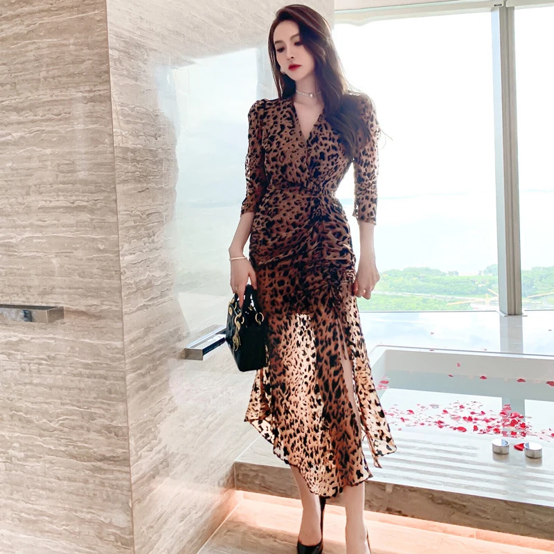 

Autumn New Women's Drawstring Dresses Sexy Casual Vacation Plus Size Maxi Leopard Print Dress
