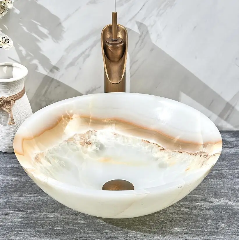 Round Shape Luxury White Onyx Bathroom Vessel Sink