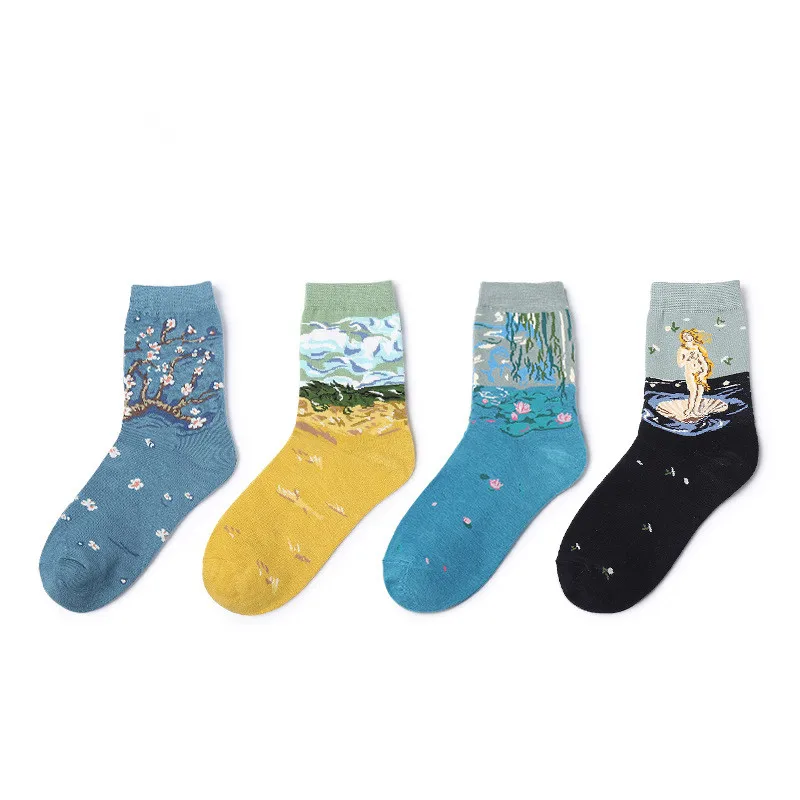 

JY631 women vintage socks art abstract oil painting series cotton stockings