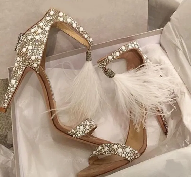 

Sexy Women Sandals Pumps Summer Rhinestone Zipper Feather High Heel Apricot Women Wedding Pumps Shoes