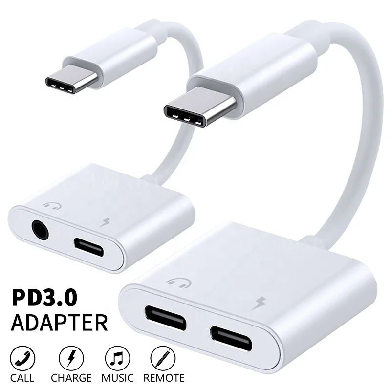 

Dual USB Type C Splitter DAC 2 in 1 Audio Fast Charge Type C to 3.5mm Headphone Adapter for S20 Ultra S10 9 Note10 Plus, White