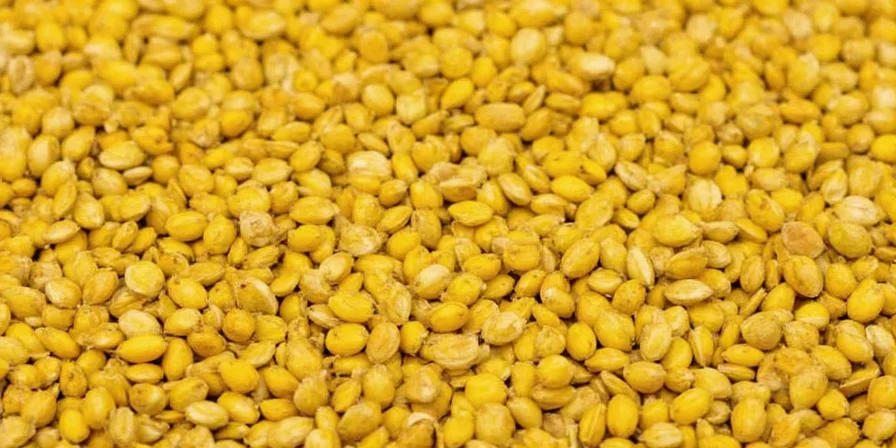 A well-stocked spice rack featuring yellow mustard seeds