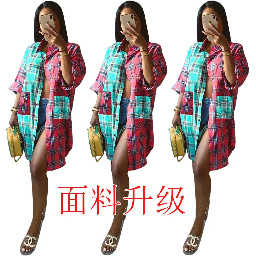 

woman tops fashionable blouse designer clothes best selling monsoon Long plaid contrast shirt double pocket versatile sexy