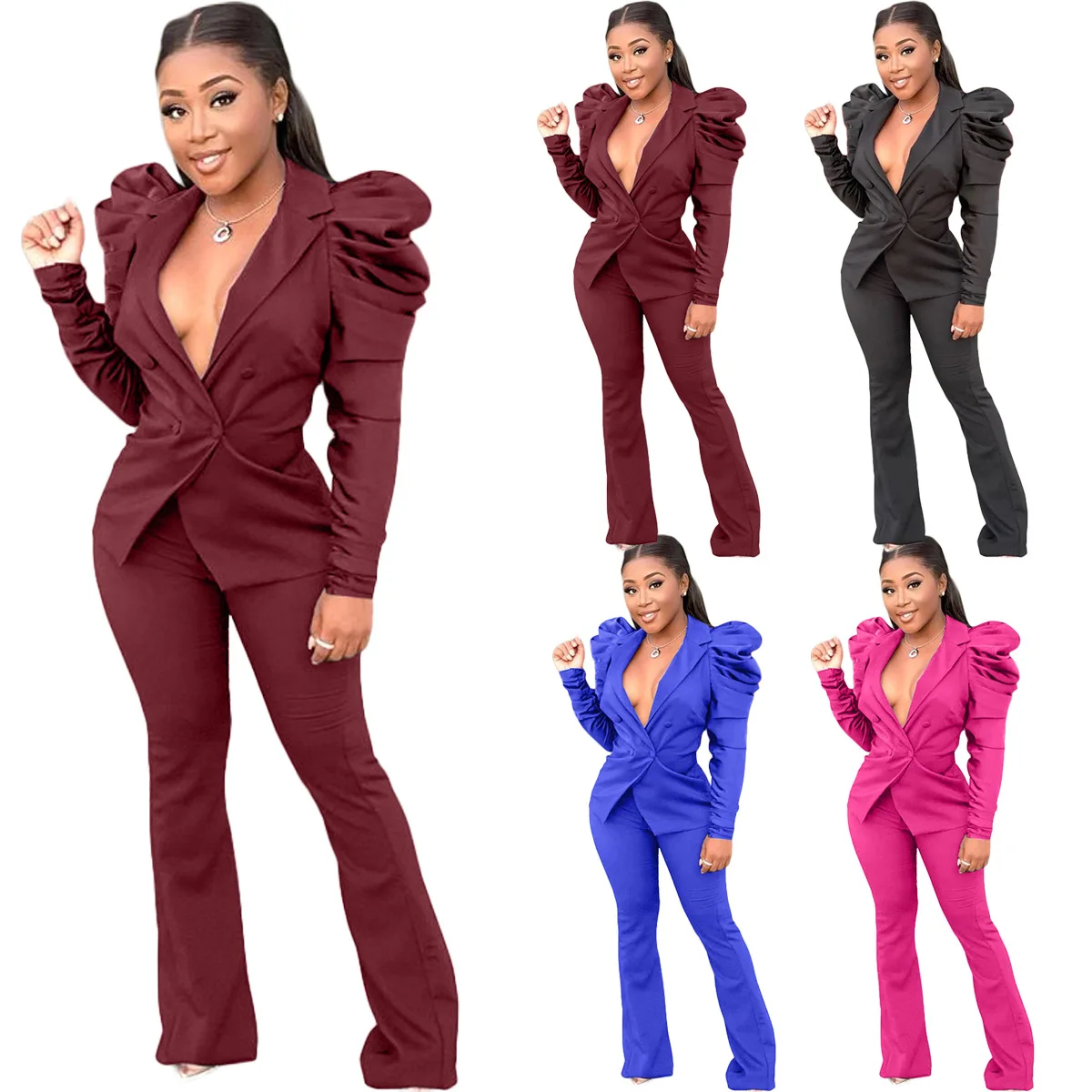 

New Trendy Fashion V Neck Puff Long Sleeve Sexy Suits Solid Color Black Women Clothes Set Two Pieces