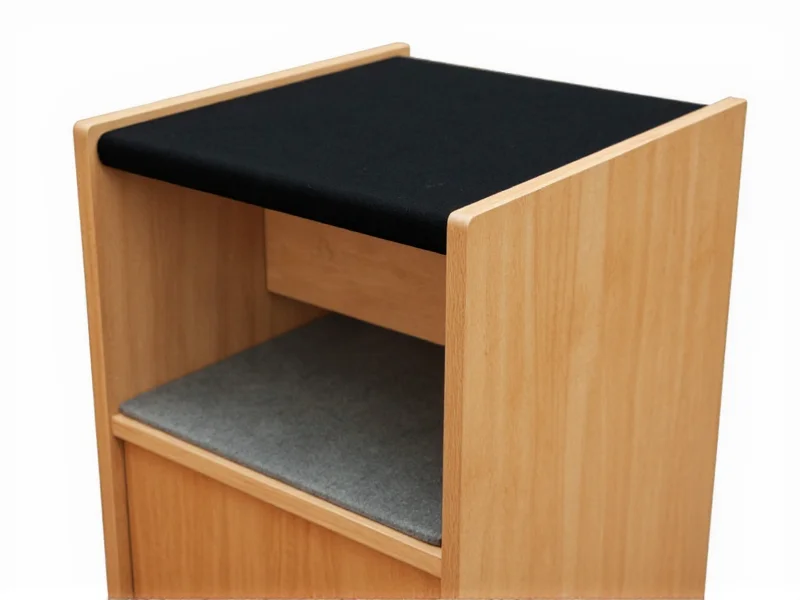 Finished lectern with rubberized shelf liner and acoustic foam