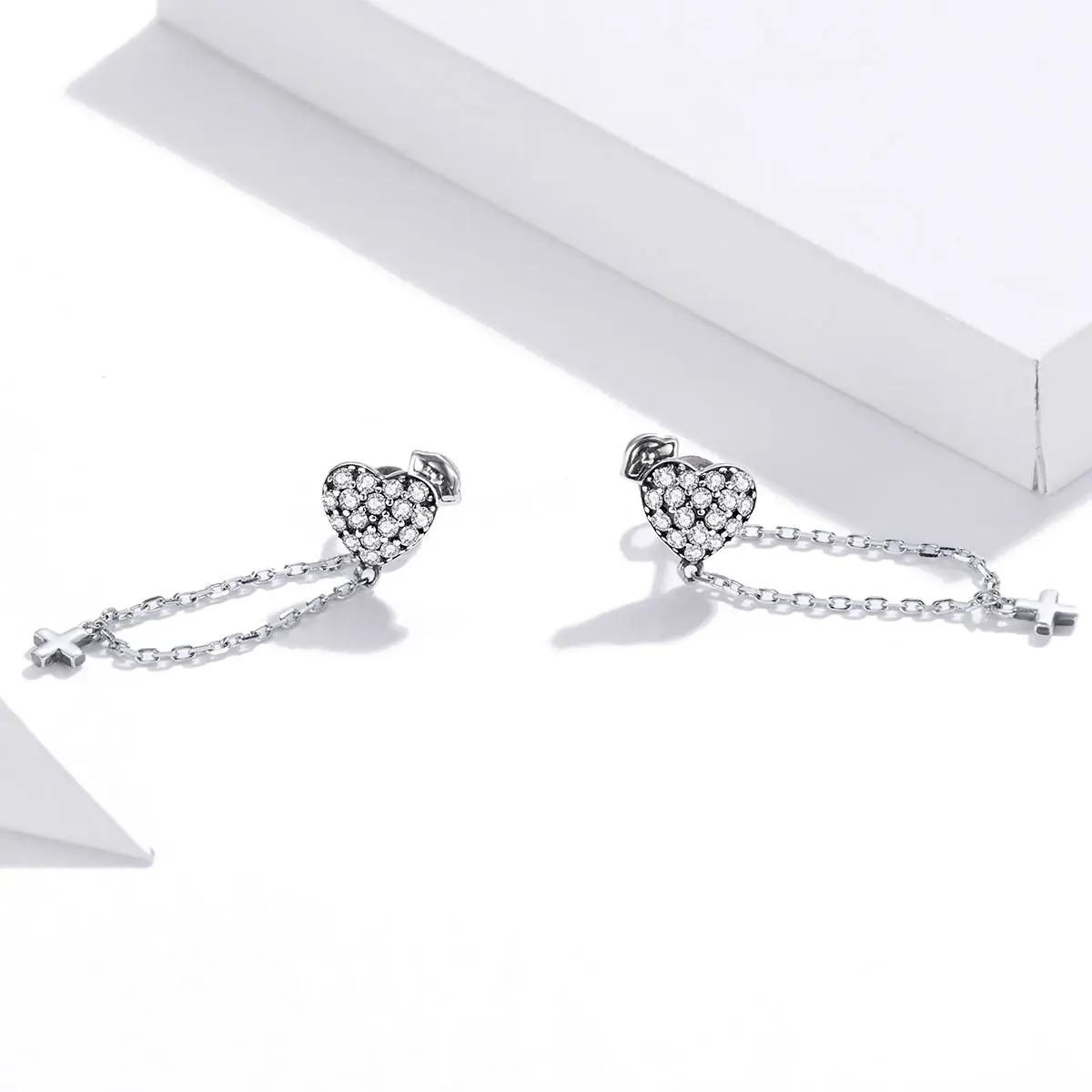 

Fashion Jewelry 925 Silver Long Chain Cubic Zirconia Cross With Love Finding Stud Earrings