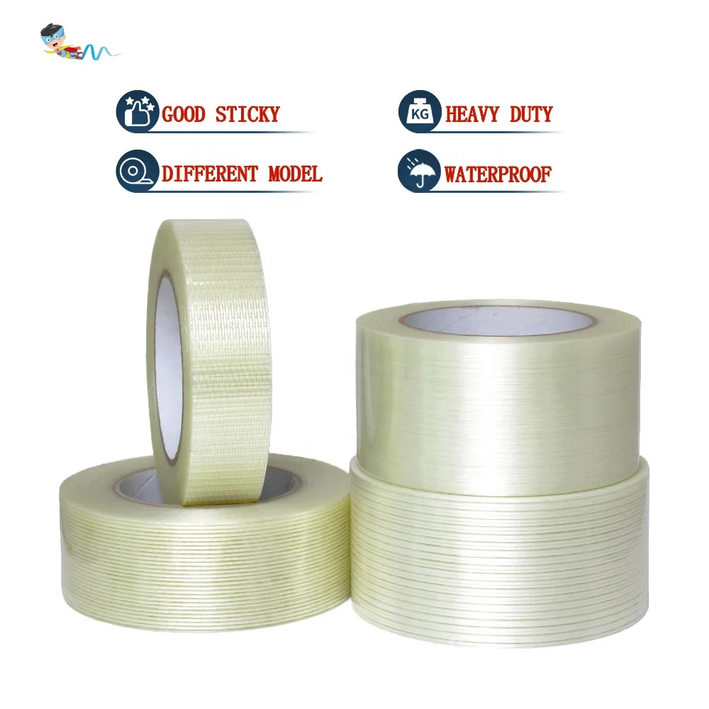 Heavy Duty Waterproof Mono Straight Cross Mesh Fiberglass Reinforced PET Polyester Film Filament Strapping Packing Adhesive Tape