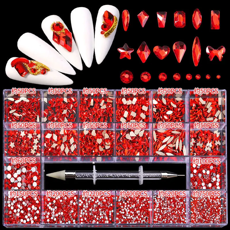 

2022 High Quality Multi Shape Glass Crystal Stonen nail art Decoration Design Flatback 3d flower Nail Art Fancy Rhinestone Box