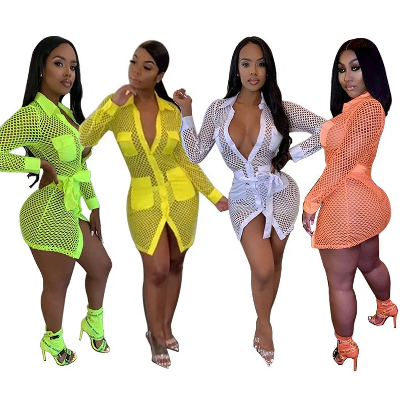 

2021 Spring Women Mesh Hollow Out Shirt Dress Women Club Sexy Summer Casual Dresses