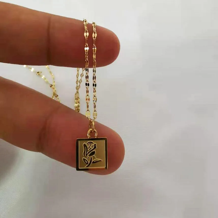 

Jietao Wholesale Tarnish Free Stainless Steel Square shape pendant Gold Rose flower necklace floral Jewelry