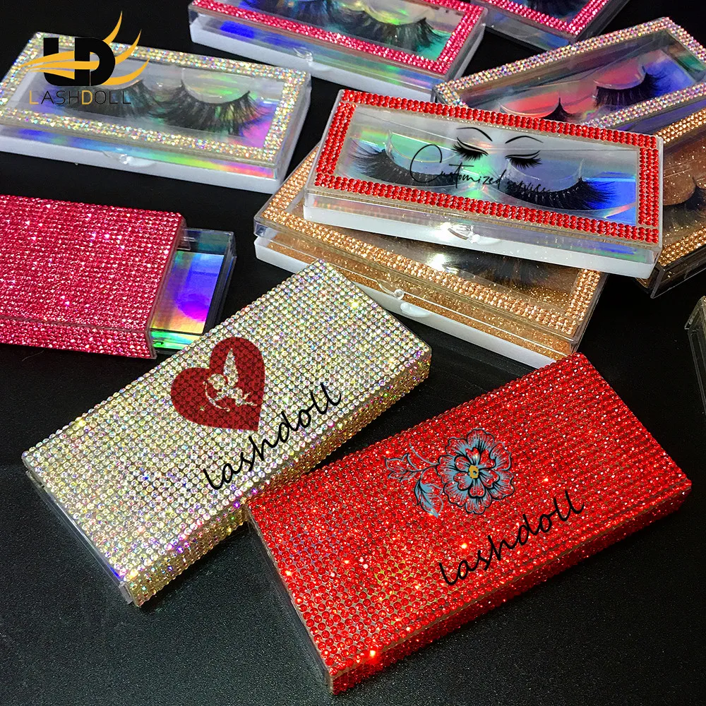 

luxury rhinestone eyelash box shine eyelash packaging box private label mink eyelash case, Red/sliver/gold