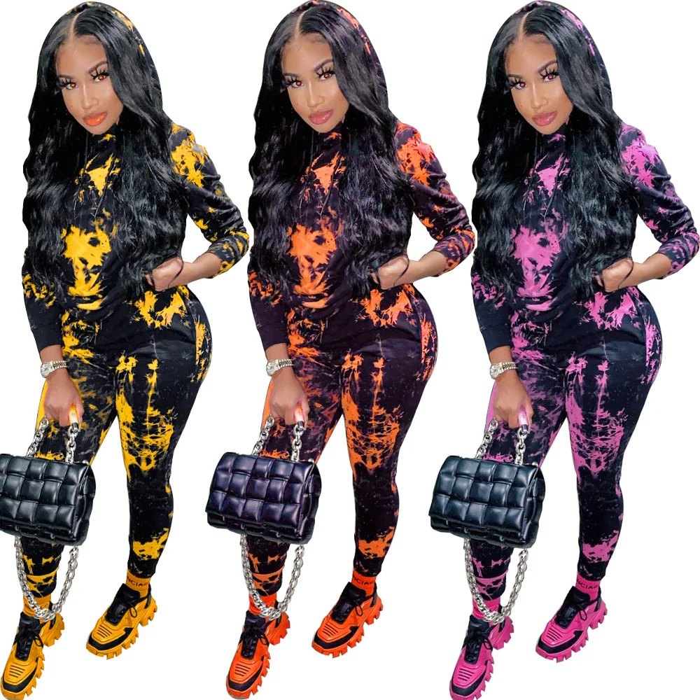 

New arrivals 2022 long sleeve shirt tie dye hoodie tracksuit women 2 piece set clothing