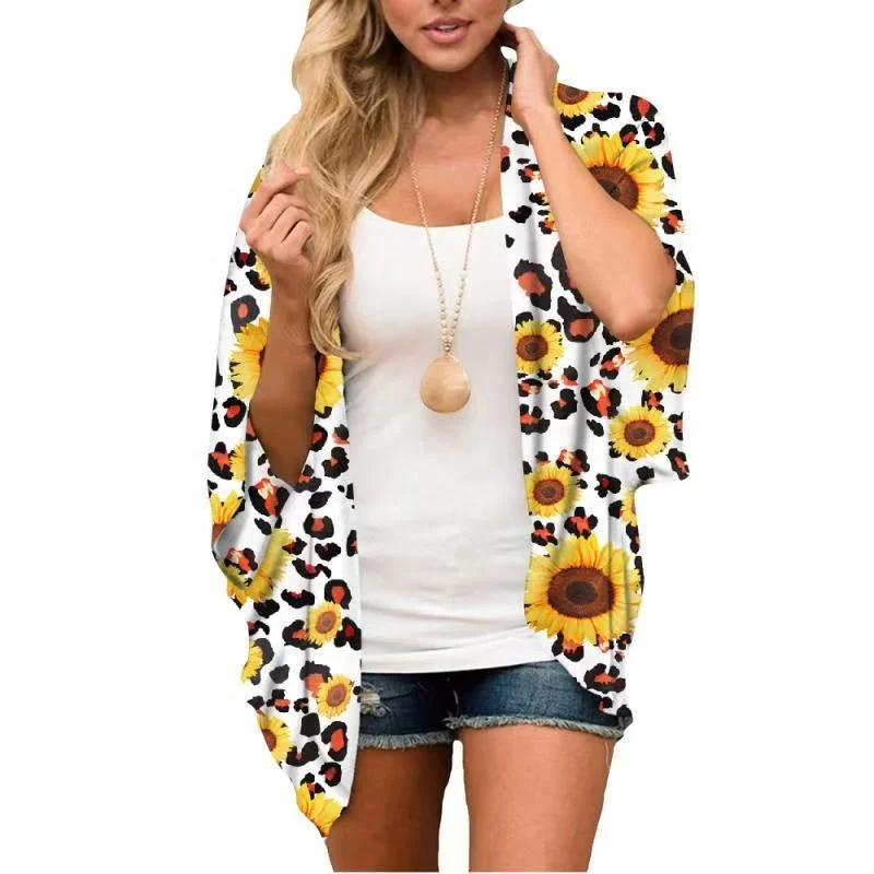 

Free Shipping T349 blouse Casual Cardigan Blouse Women Sunflowers Beach Shirts Plus Size Tops Women's Tunic Loose Short Sleeve