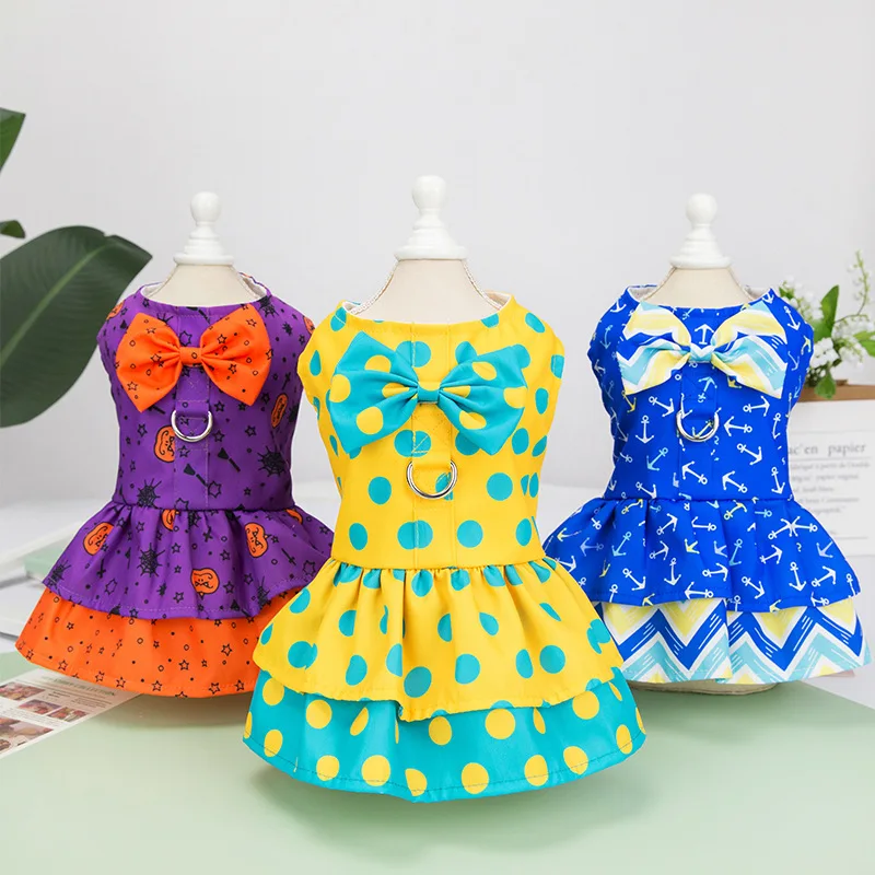 

Wholesale Dog Clothes Dog Harness Dot Dress Pet Bow Tie Traction Rope Skirt Cat Dress Pet Clothes