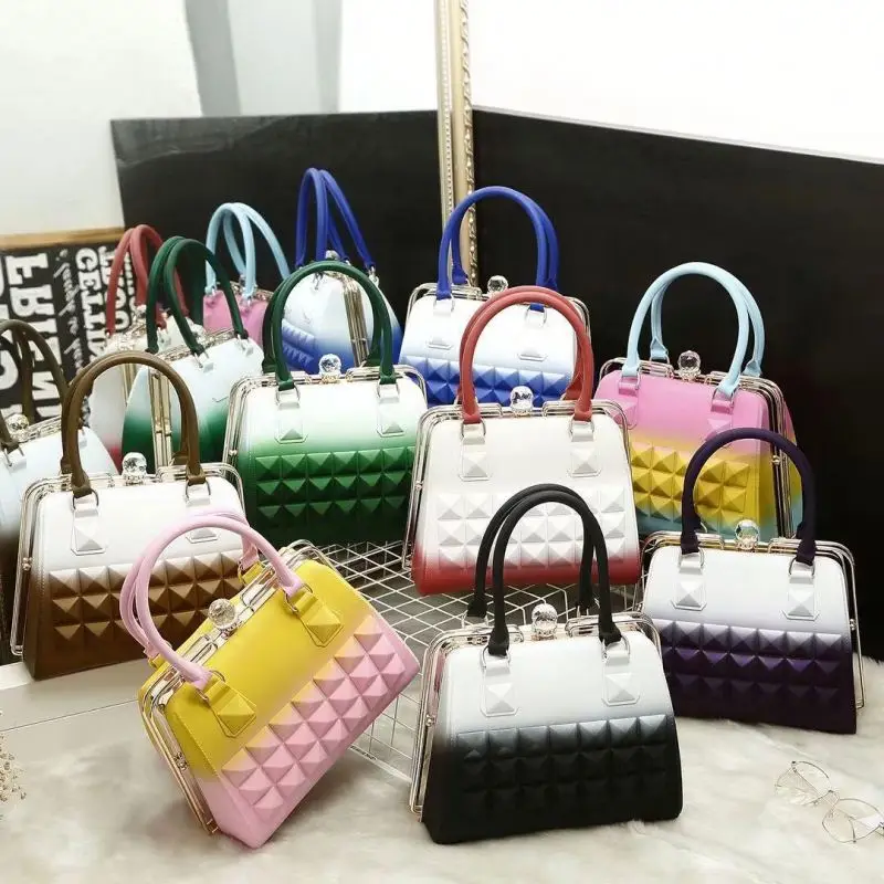 

2020 Ladies Fashion Candy Color Matte Jelly Purses Handbags Hot Style Colorful Rainbow Tote Bags for Women