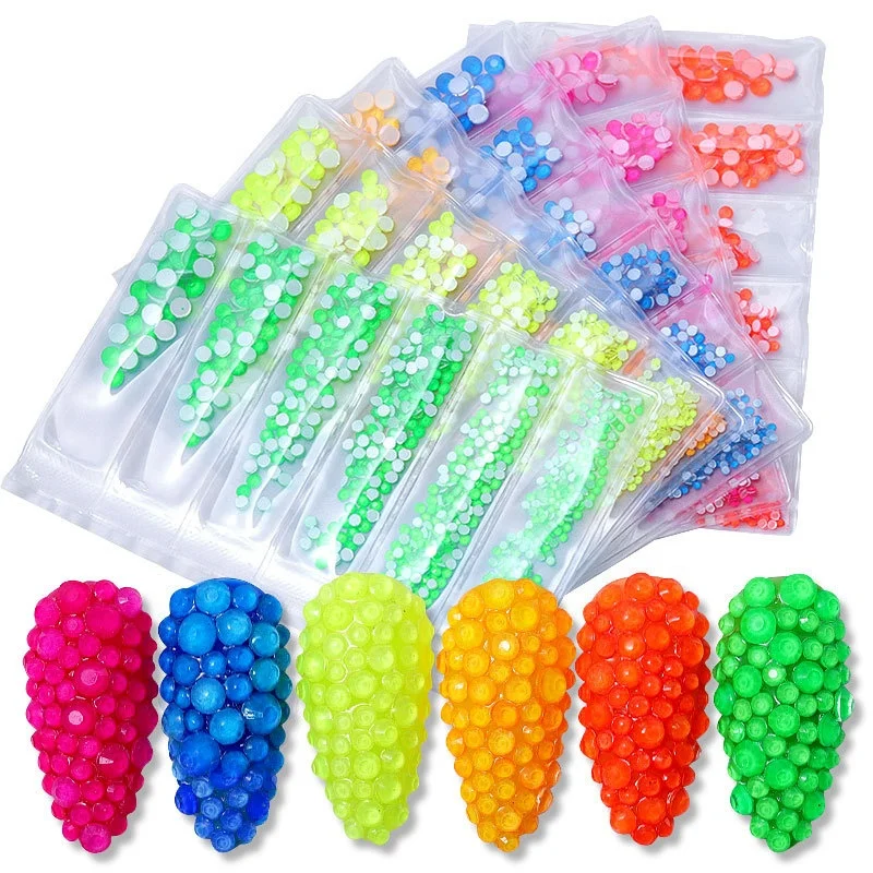 

6 Grids 3d Mixed Size Rhinestone Decorations Neon Fluorescence Glitter Flatback Luminous Nail Art, Picture shows