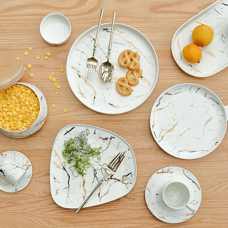 

New European Style Marble Dinner Set White And Gold Dinnerware Luxury Ceramic Plates Bowl Set For Wedding, Customized color