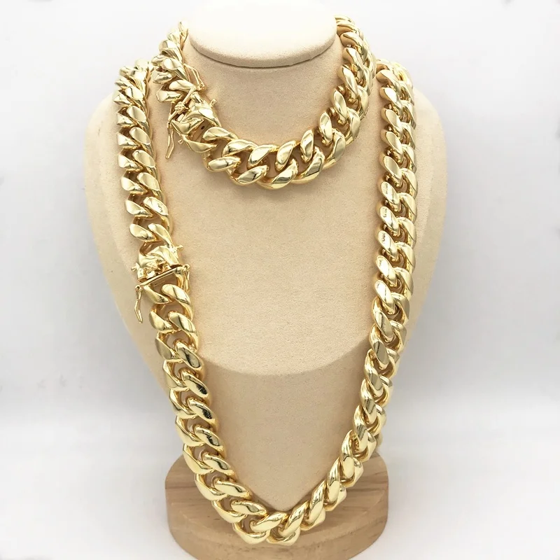 

Miami 14k 18k Stainless Steel Cuban Link Chain Choker Necklace Set Gold Plated Titanium Stainless Steel Cuban Chain for Man