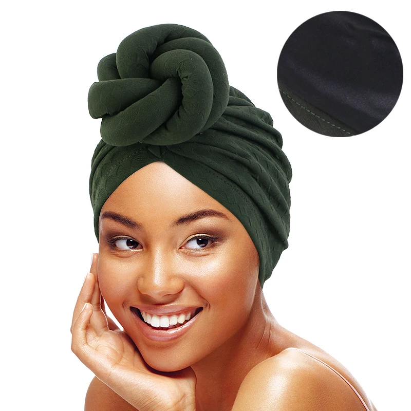 

African Pattern Double Layer Knotted Head wraps for Women Satin Lined Pre-Knotted Beanie Hair Covers Turban