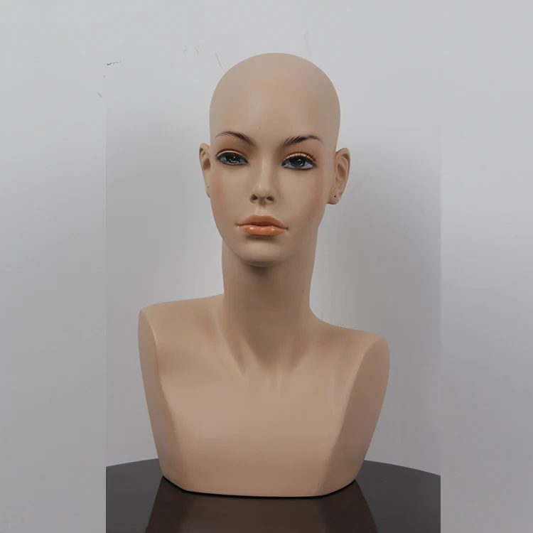 

Wholesale Realistic Female Wig Display with Shoulder Hair Makeup Human Eyelid Smiling Fiberglass African American Mannequin Head, Customer request