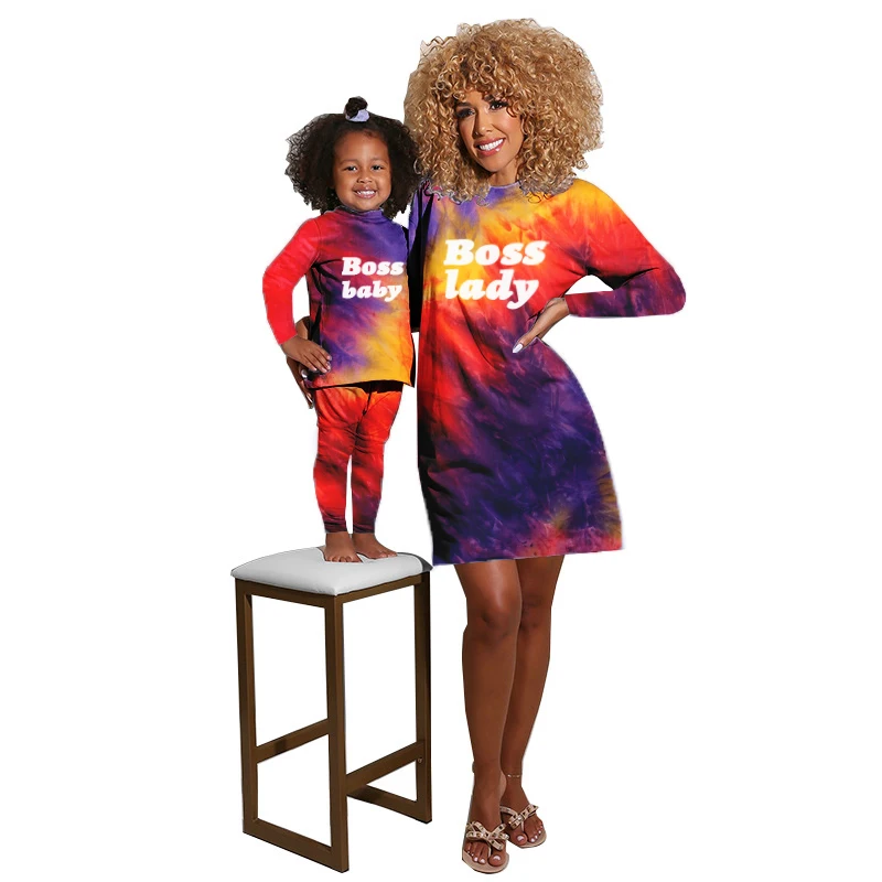 
Mommy and Me Outfits Fall Dresses for Women Tie Dye Sets Long Sleeve Two Piece Set Family Matching Pajamas 